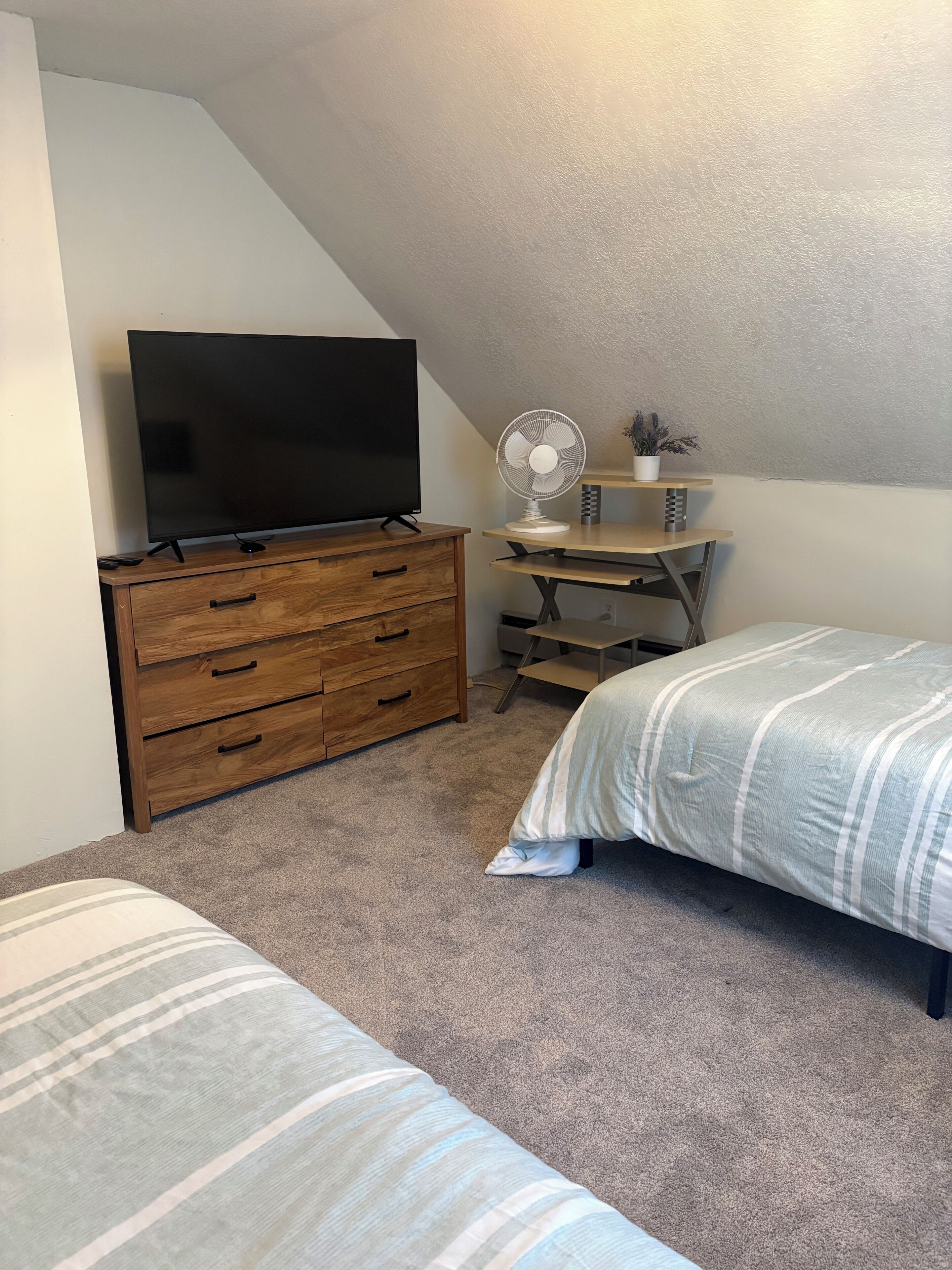 Ein Schlafzimmer mit Fernseher auf einer Holzkommode, einem Schreibtisch mit Ventilator und zwei Betten mit gestreifter Bettwäsche.