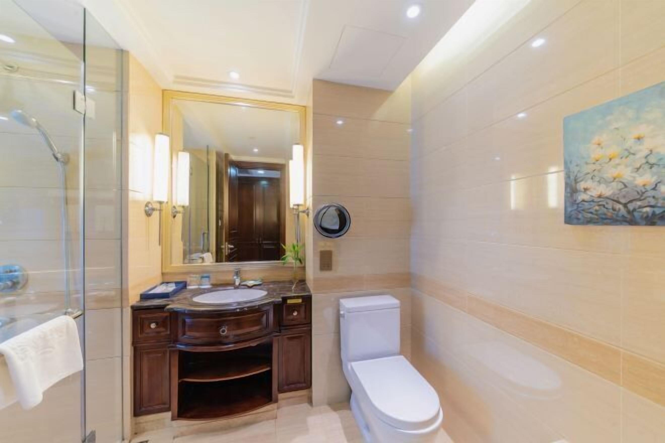 A modern bathroom with a glass shower enclosure, a large mirror, a sink, and a toilet.