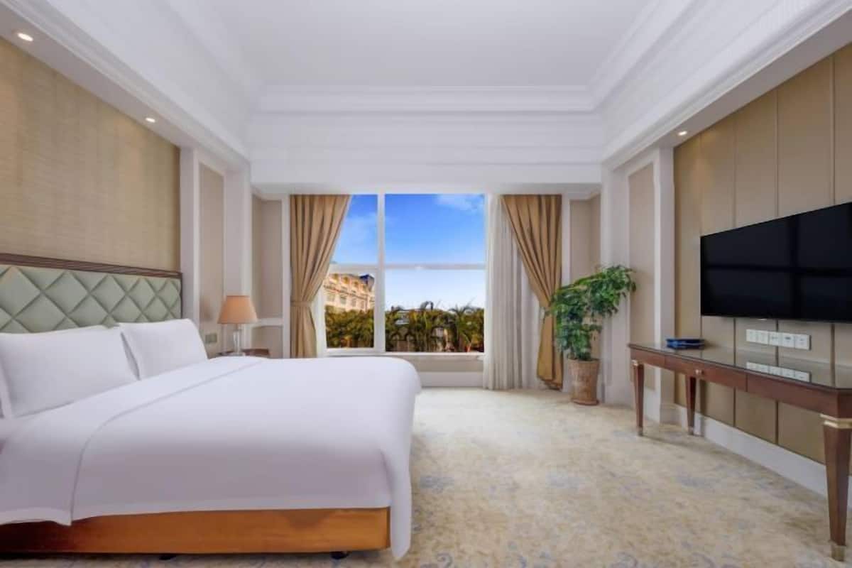 A hotel room with a bed, a television, a window with curtains, and a view of buildings.