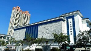 Un edificio con un mural grande en la fachada, un toldo azul y un letrero con caracteres chinos.