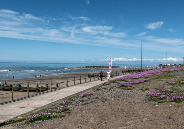 Stroll along the oceanfront walkway, bordered by vibrant flowers and offering breathtaking views of the beach.