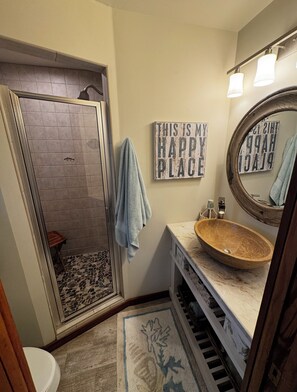 Shower, eco-friendly toiletries, hair dryer, towels