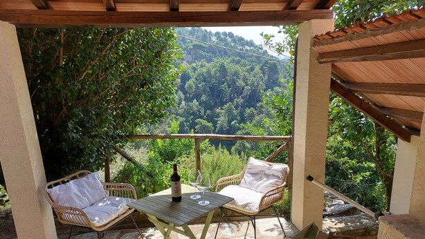 An outdoor patio with wicker chairs and a table, a bottle of wine, and a view of a forested hillside.