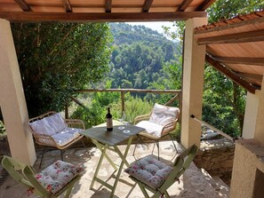 Un patio al aire libre con sillas de mimbre y una mesa, una botella de vino y vistas a una ladera boscosa.