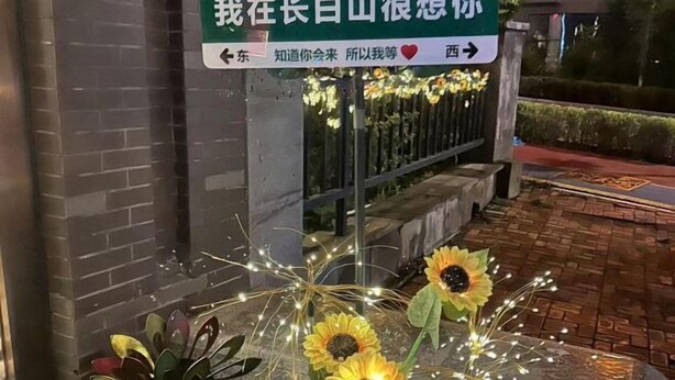 A sign with directional arrows and text, a flower arrangement with sunflowers, and a brick pathway. - Lumingchun Hotel (Changbai Mountain North Scenic Area Distribution Center) (Antu)