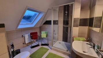 Shower, towels, toilet paper