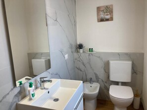 Douche, sèche-cheveux, bidet, serviettes fournies