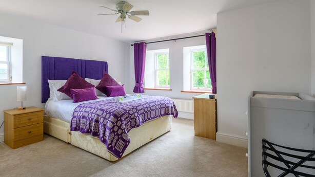 A bedroom with a bed, a nightstand, a desk, a chair, and a ceiling fan.