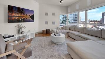 Smart TV, fireplace, computer monitors, printers