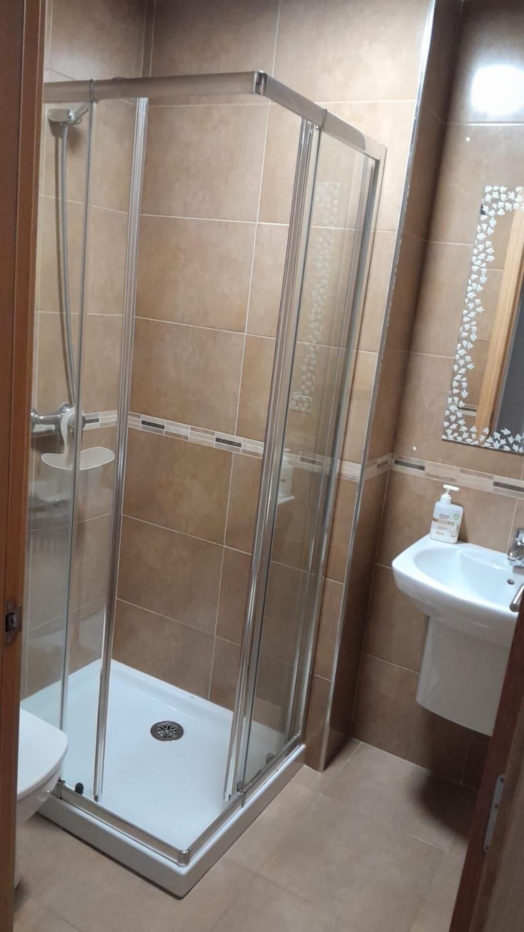 A glass-enclosed shower stall with a white sink and a mirror with a leaf pattern.