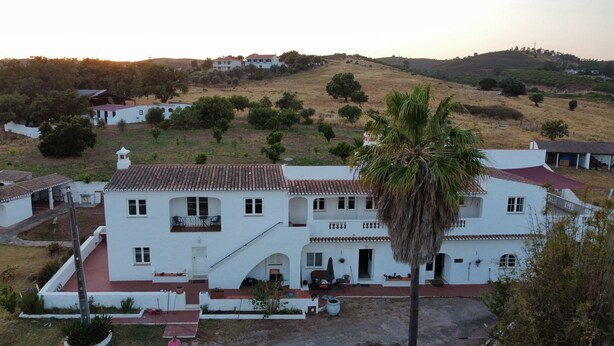 A white two-story house with a red-tiled roof, a balcony, and a palm tree in the foreground. - Herdade do Castanheiro nur Wenige Min. von Lagos in Traumhafter Ruhiger Lage (Bensafrim/ Lagos)