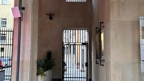 Una entrada cubierta con un portón metálico, una planta en maceta y un aplique de pared.