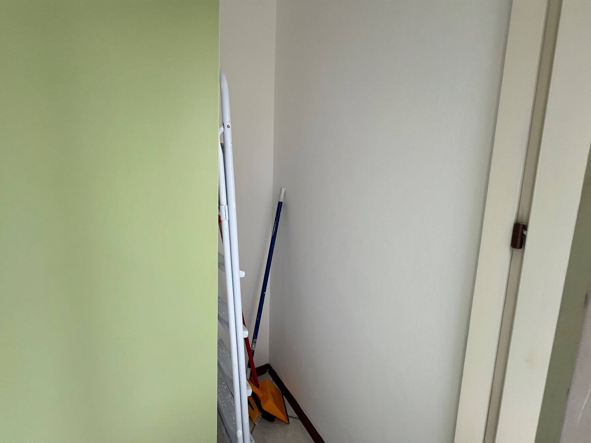Un passadís estret amb una porta blanca a la dreta i una paret verda a l'esquerra.