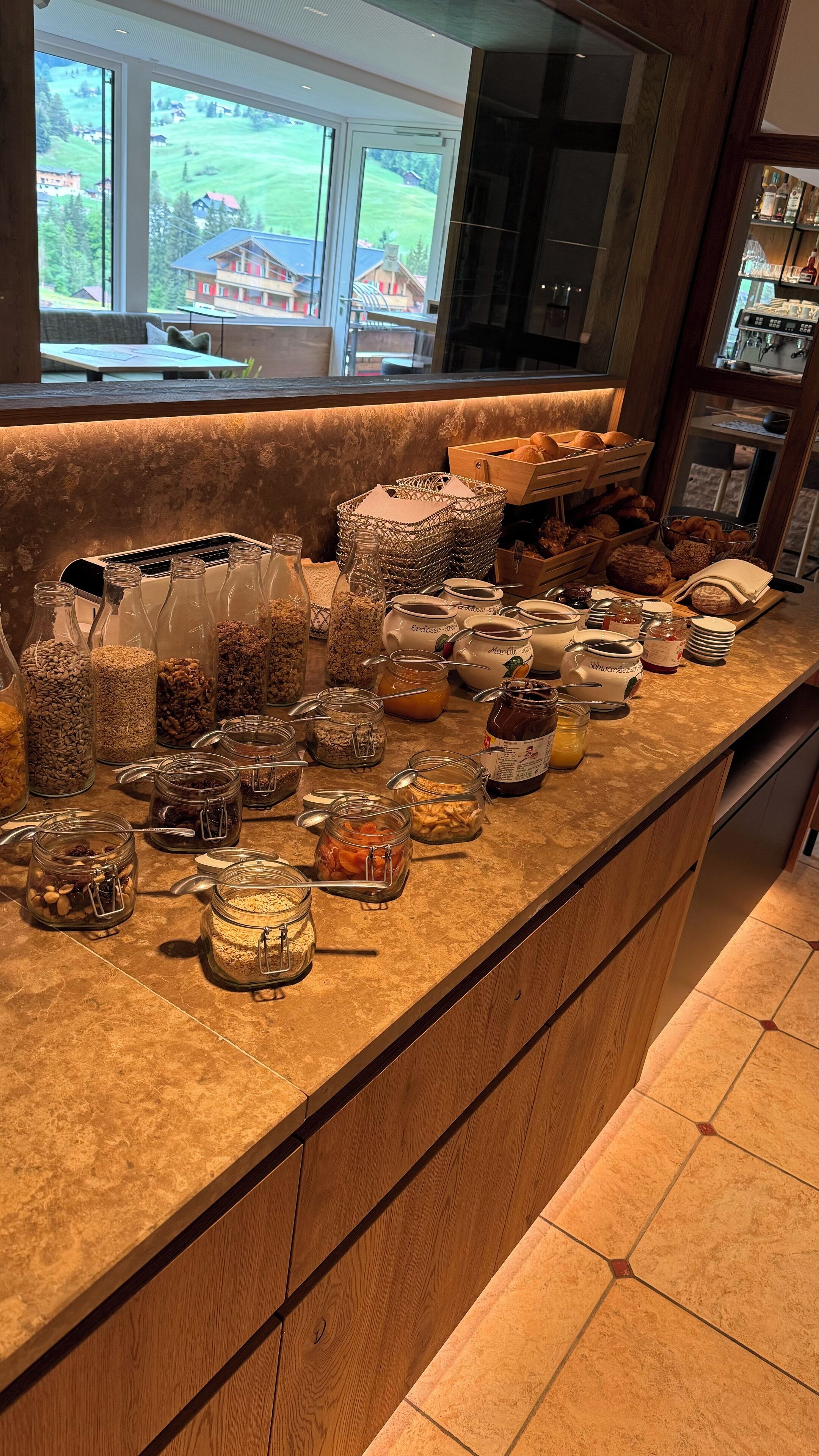 A kitchen counter with various food items and containers.