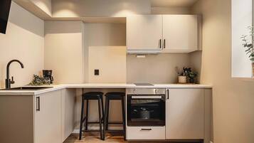 Fridge, stovetop, dishwasher, coffee/tea maker