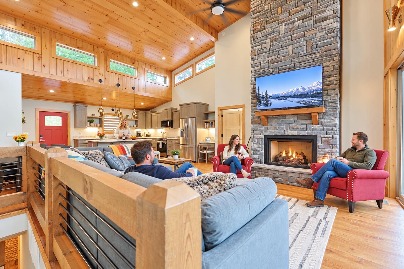 A spacious living area with a stone fireplace, a large flat-screen TV, and a cozy seating arrangement.