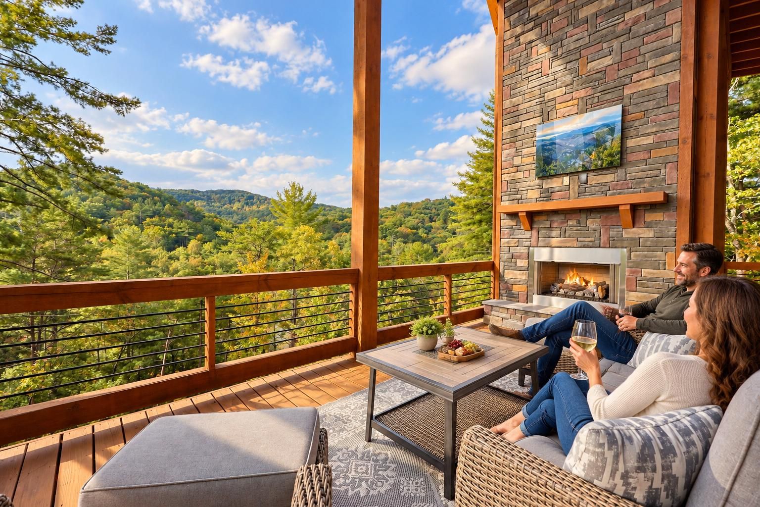 A balcony with a stone fireplace, a table with fruits, and a view of a forested landscape.