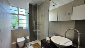 Ein modernes Badezimmer mit einer Duschkabine, einem weißen Waschbecken und einer Toilette.