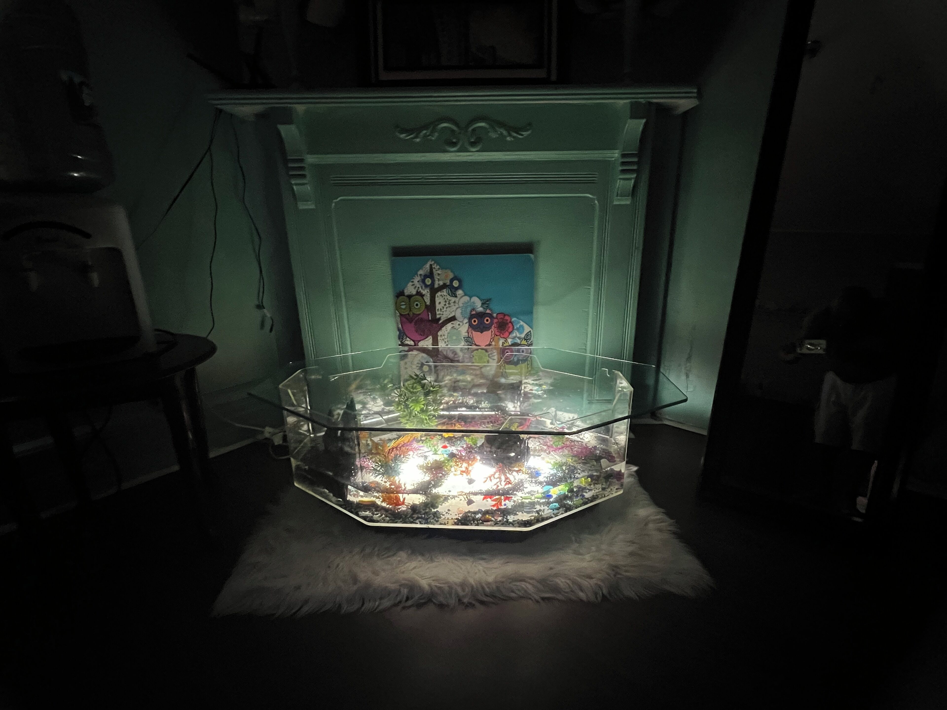 A room with a glass fish tank on a white furry rug, a green wall, and a white fireplace with a painting.