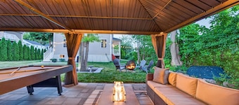 Backyard Oasis: Gazebo, Pool Table & Fire Table