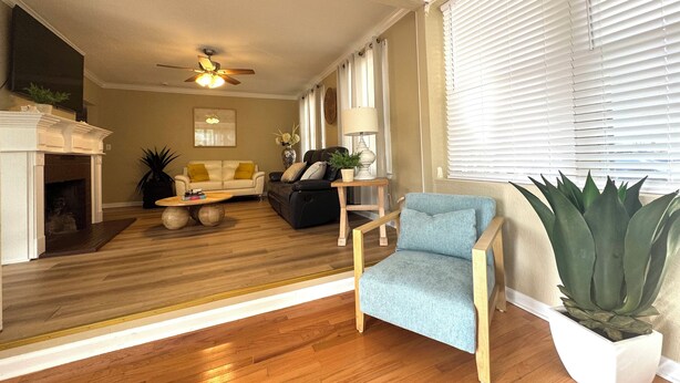 A living room with a fireplace, a ceiling fan, a sofa, a coffee table, and a large plant. - 2B1BA  Central - Airport, Riverside, Zoo, Beach (Jacksonville)