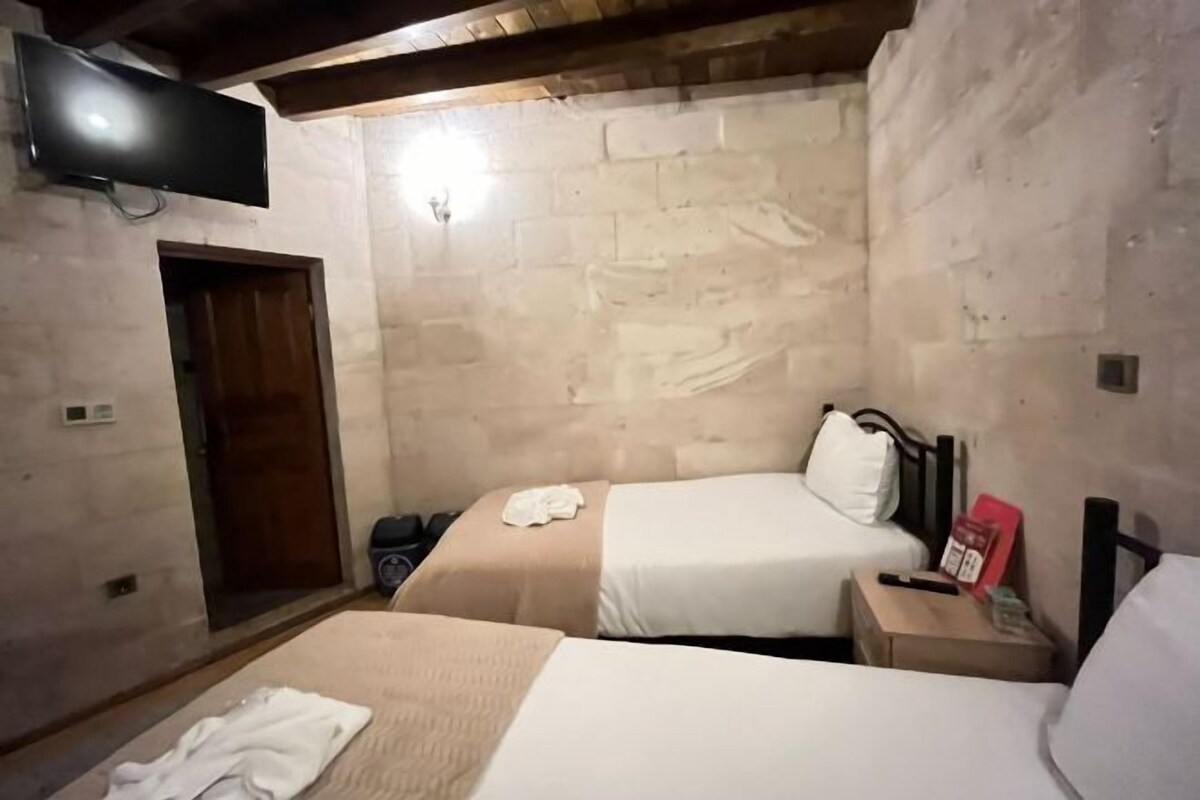 A room with two beds, a television, a door, and a stone wall.