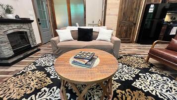 Smart TV, fireplace, books
