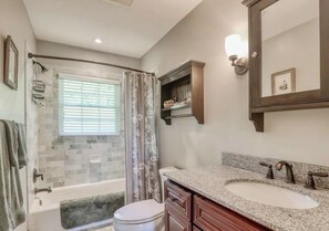 Hair dryer, towels, soap, shampoo