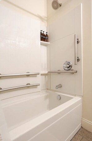 Hair dryer, towels, soap, shampoo