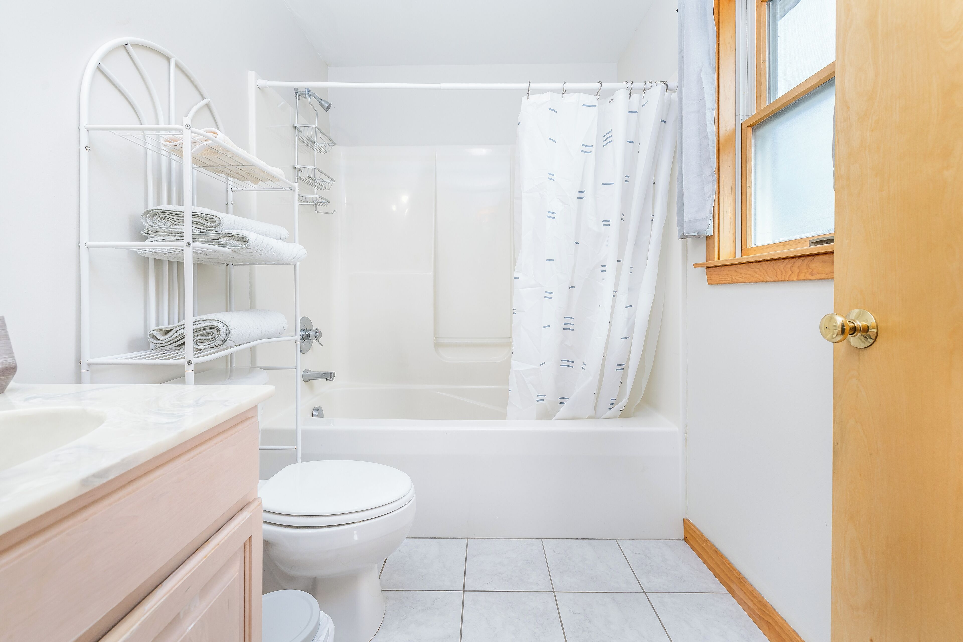 Hair dryer, bidet, towels, soap