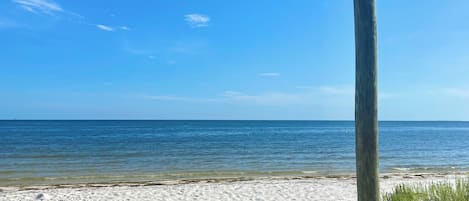 On the beach, sun-loungers, beach towels