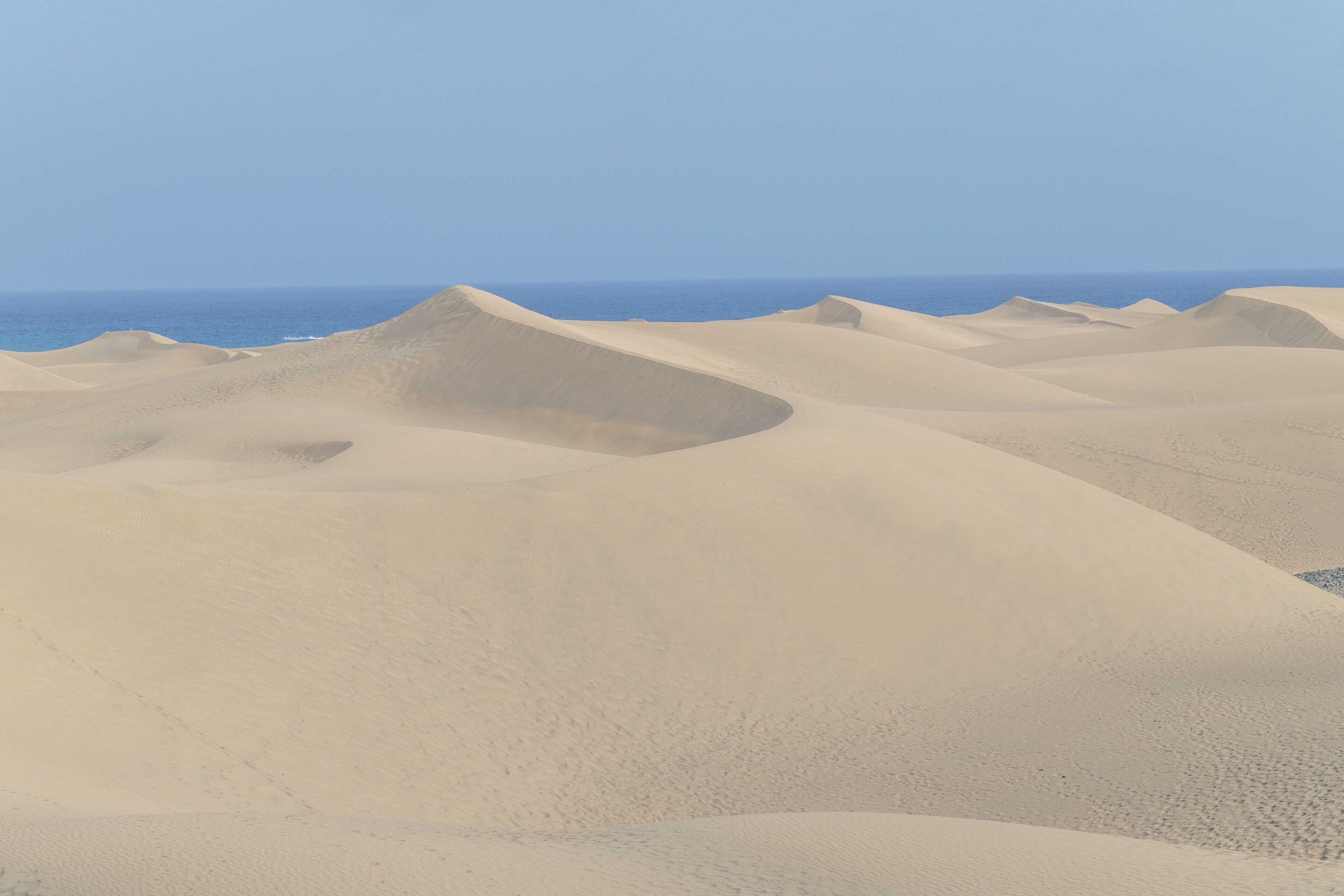 Paisagem desértica com dunas de areia e céu limpo.