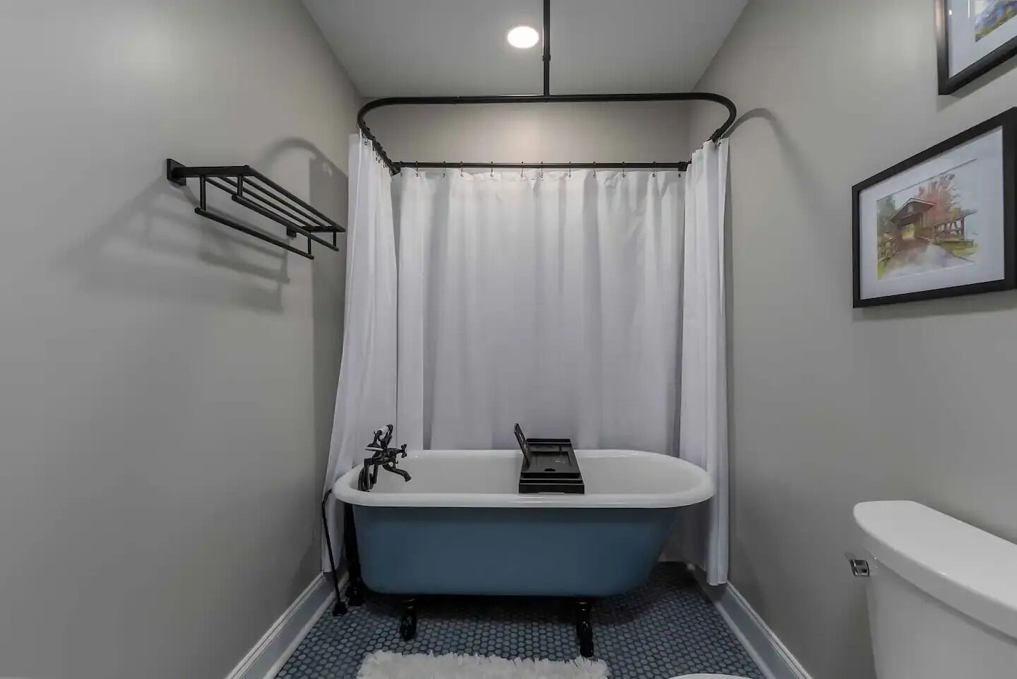 Een badkamer met een pootbad, toilet en douchegordijn.