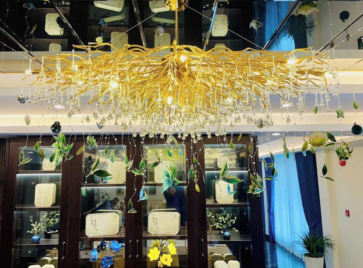 Um candelabro com várias lâmpadas e plantas penduradas em um quarto com prateleiras de madeira exibindo diversos objetos.