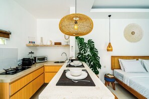 Fridge, microwave, stovetop, coffee/tea maker