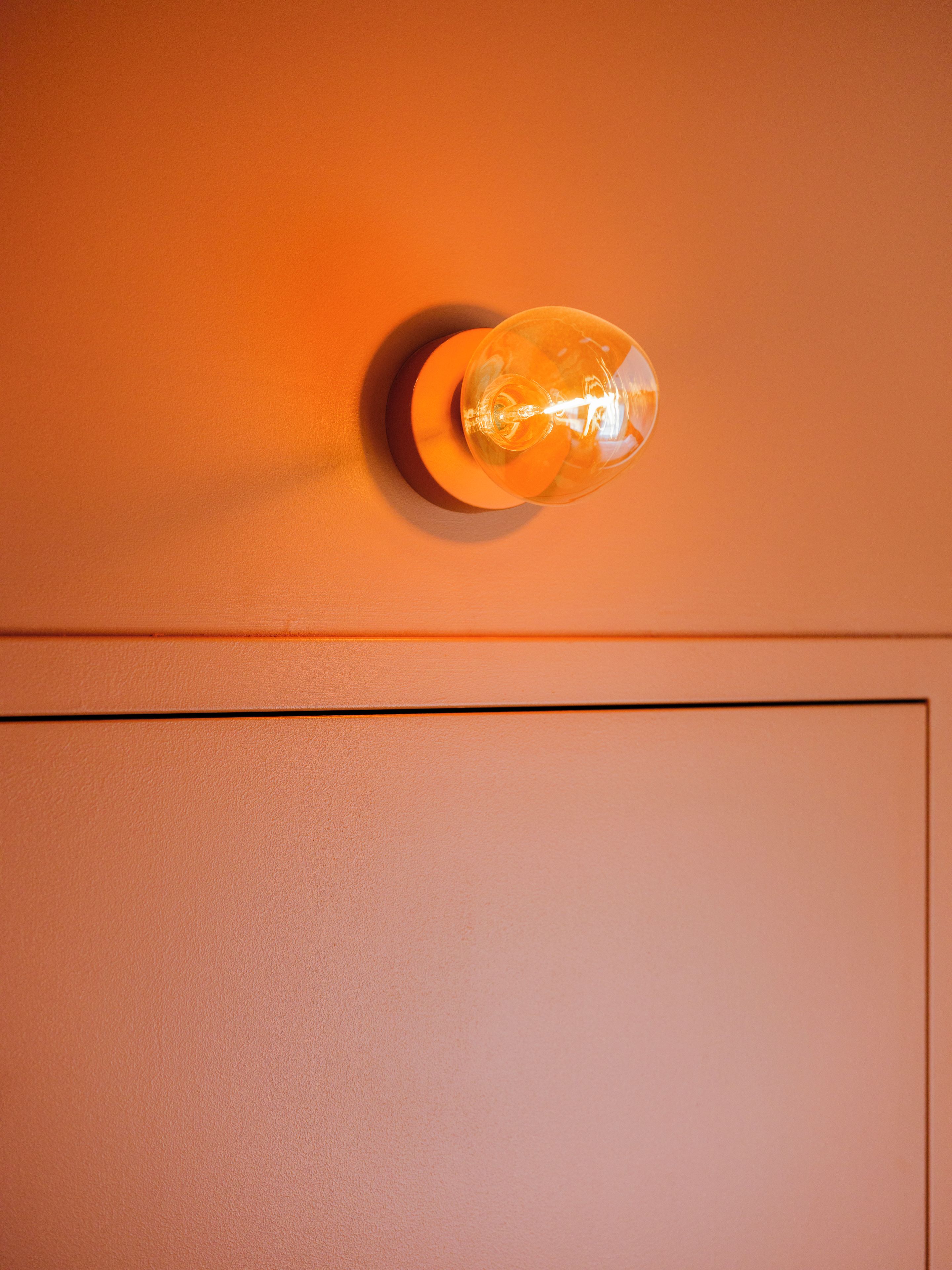 A door with a round, textured knob and a horizontal line above it.