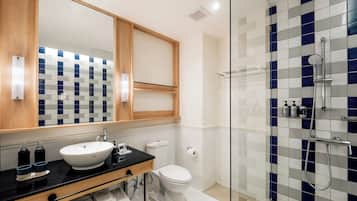 Shower, hair dryer, bathrobes, slippers