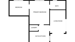 A floor plan of a house with labeled rooms including a bedroom, primary bedroom, bathroom, living room, laundry, and eat-in kitchen. - Camille Cottage ~ Ideal for Short-Term Stays or Traveling Professionals (Columbus)
