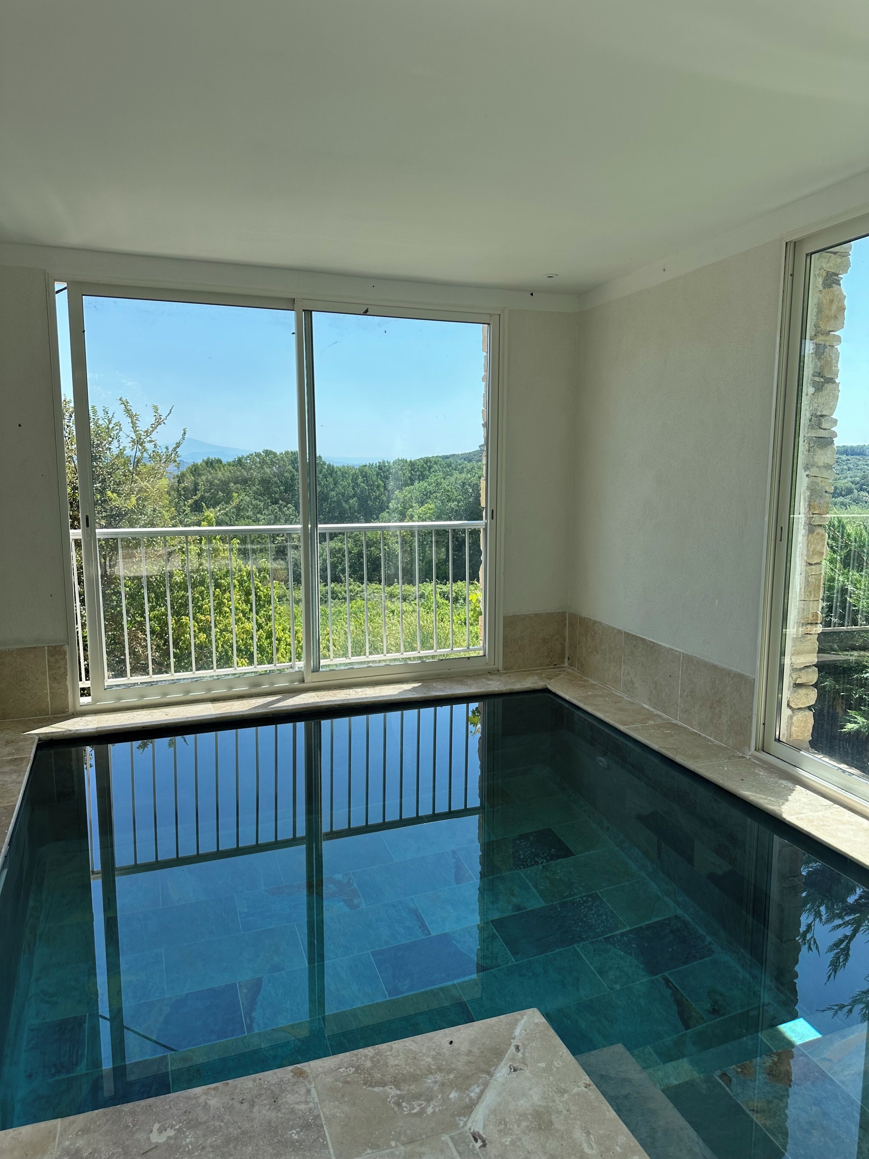 Une pièce dotée d’une grande fenêtre, d’une piscine et offrant une vue sur une zone boisée.