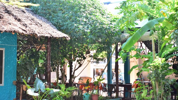 A courtyard with a thatched-roof structure, potted plants, and outdoor seating. - La Neisha hotel Nungwi (Nungwi)