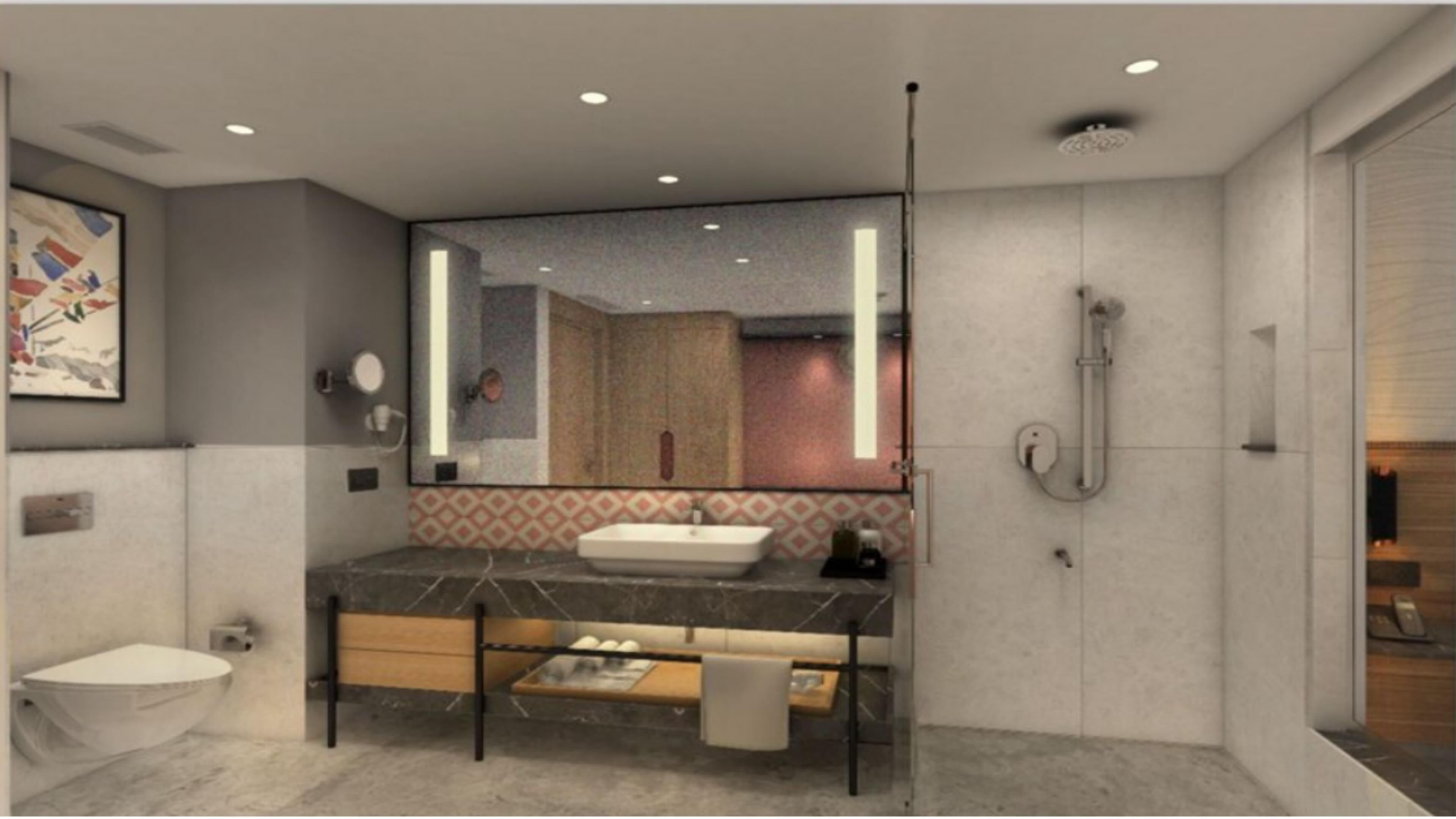 Habitación Deluxe, 1 cama doble | Baño | Secador de pelo, toallas, champú y papel higiénico