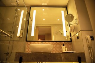 Hair dryer, towels, shampoo, toilet paper