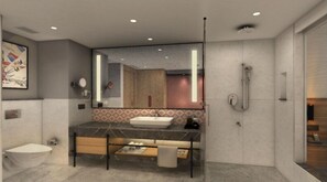 Chambre Deluxe, 1 lit double | Salle de bain | Sèche-cheveux, serviettes fournies, shampoing, papier toilette