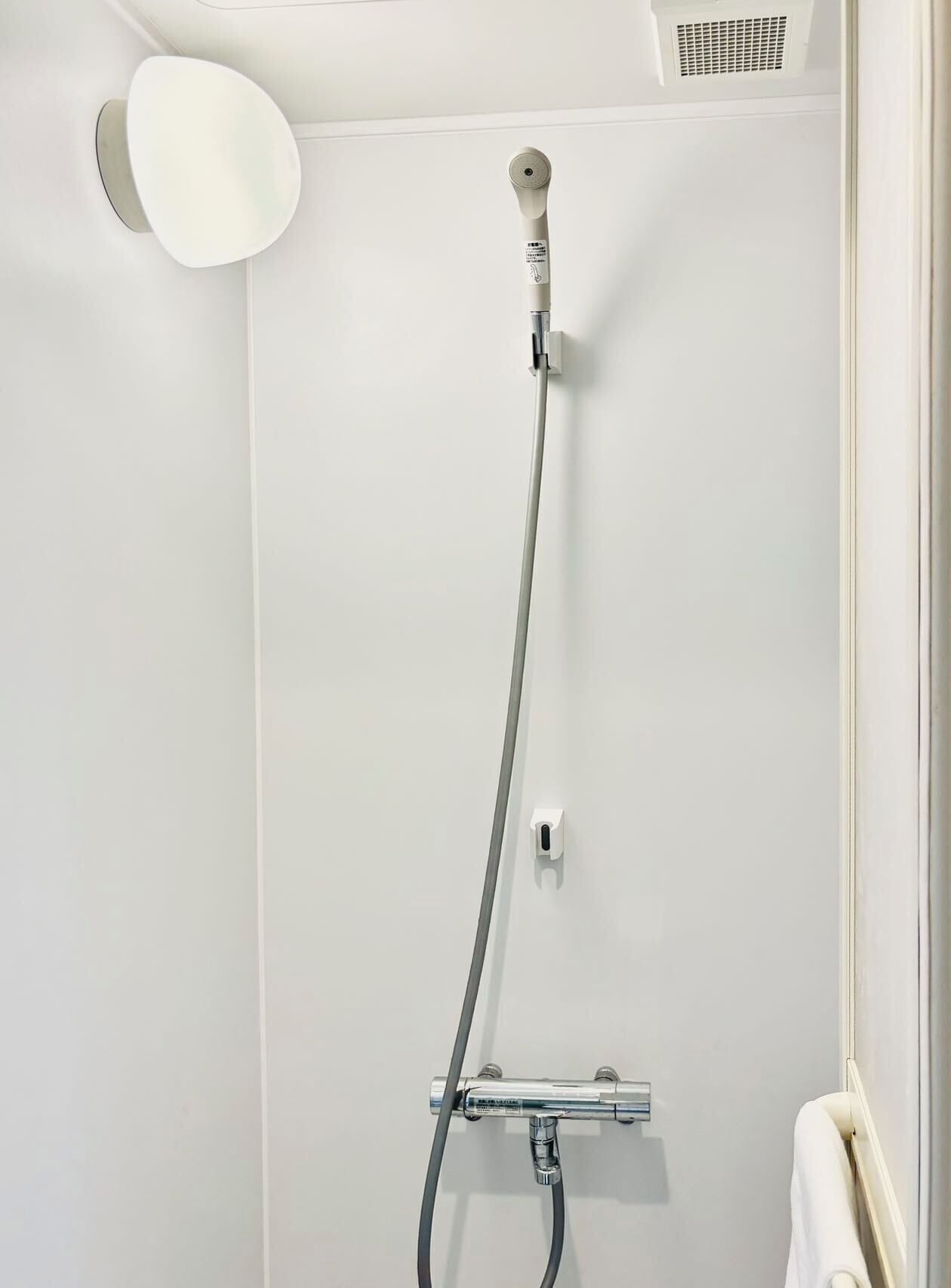 Une douche équipée d’un pommeau de douche à main, d’un panneau de commande mural et d’un porte-serviettes.