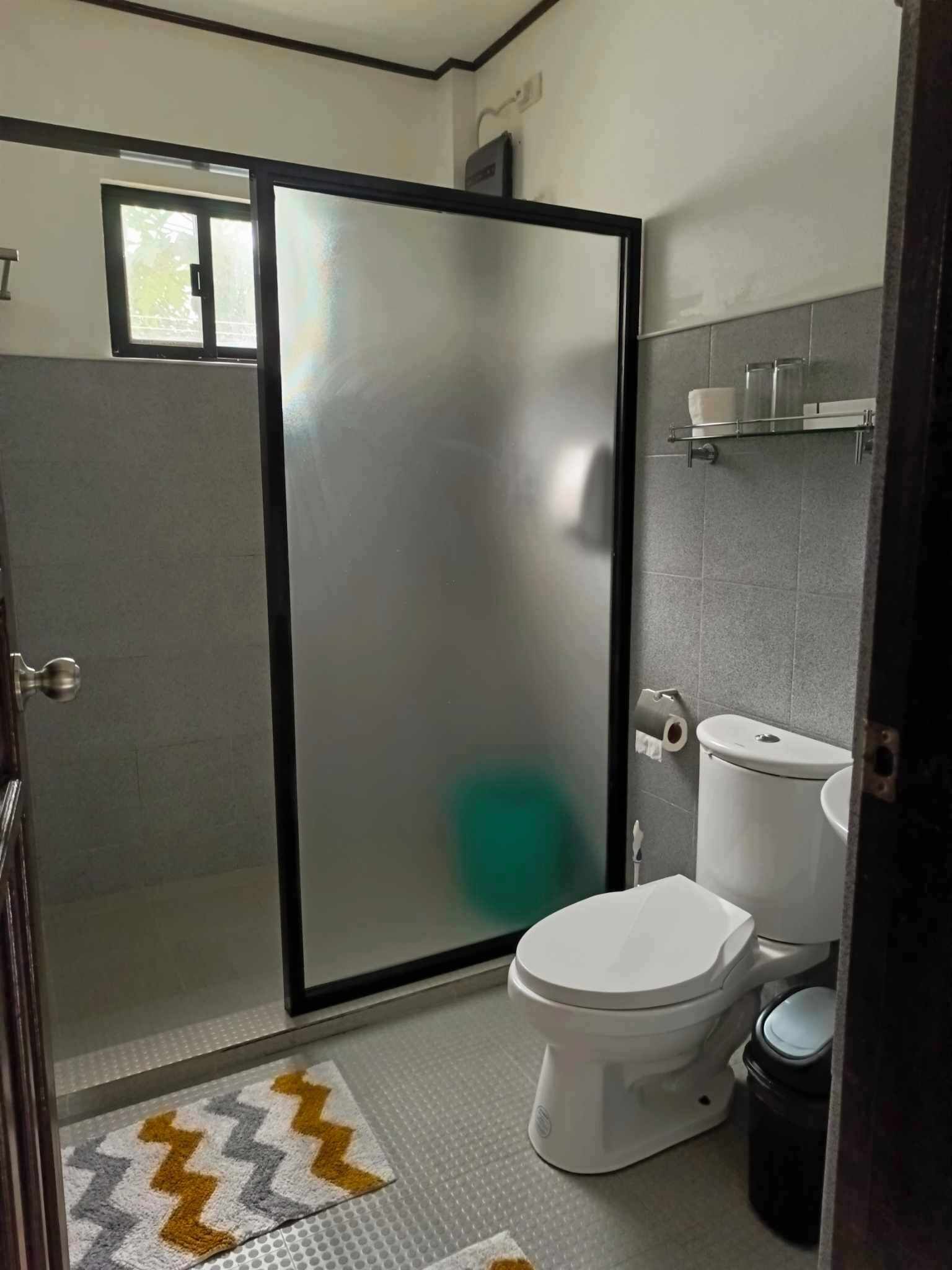 Een badkamer met toilet, douchecabine en een klein plankje met toiletartikelen.