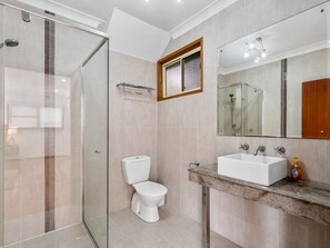 A modern bathroom with a glass shower enclosure, a toilet, a sink with a marble countertop, and a large mirror.