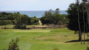 Un campo de golf con vista al océano.