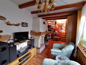 TV, fireplace, DVD player, stereo - Apartment 'Haus Am Waldrand' with Mountain View, Private Terrace and Wi-Fi (Freital)