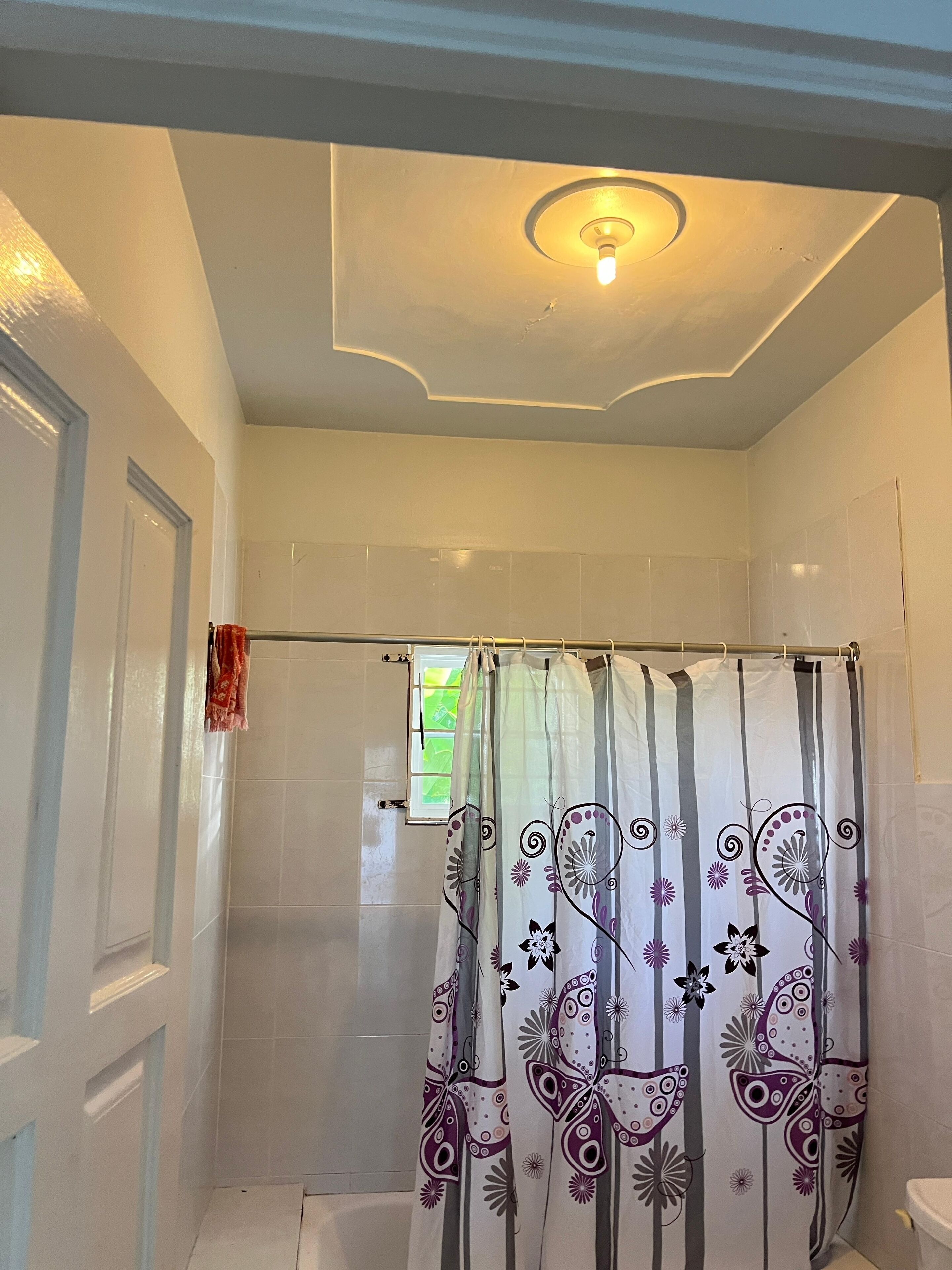 Une salle de bain avec un rideau de douche orné d’un motif de papillons, des murs carrelés de carreaux blancs et un luminaire au plafond.