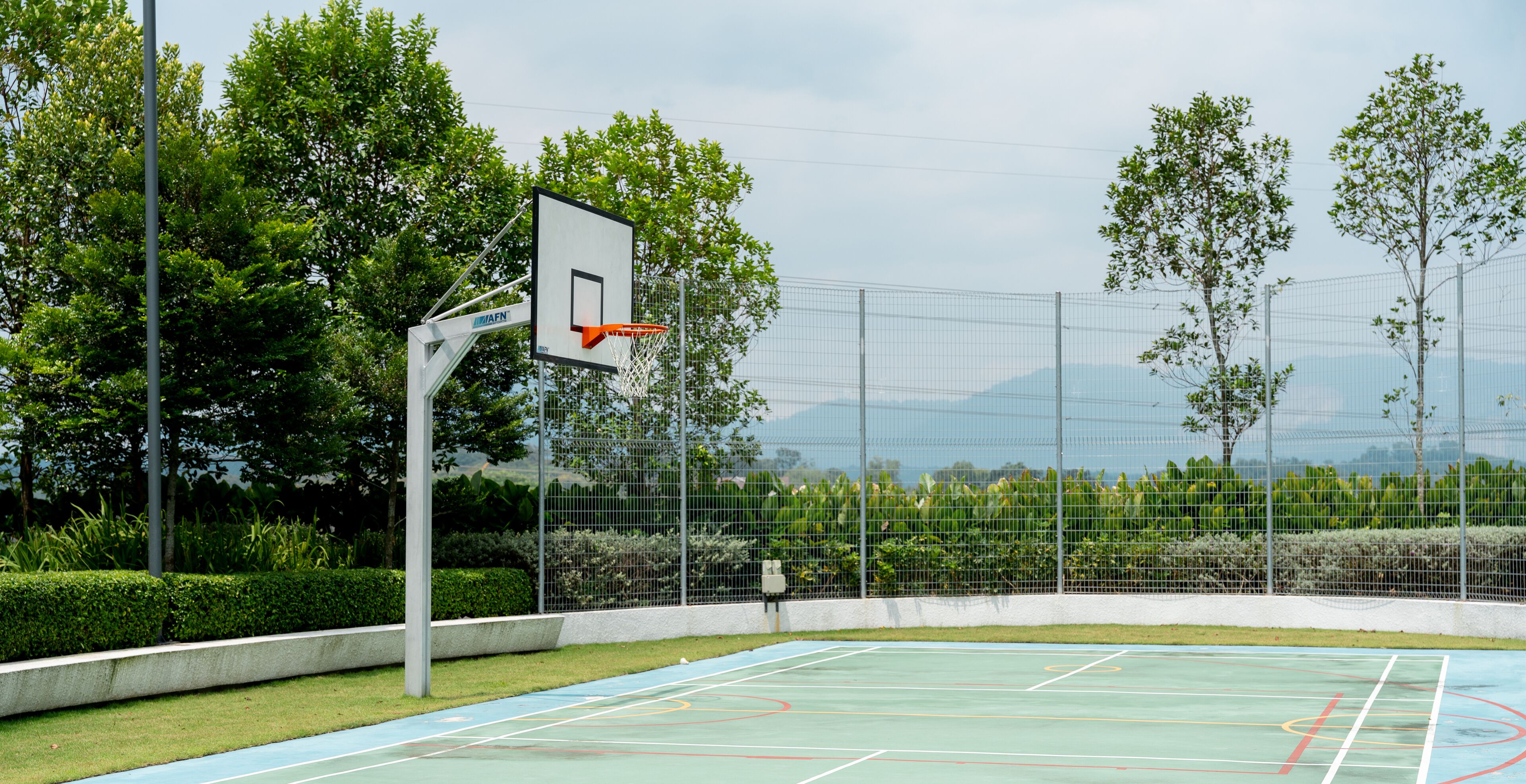 Una cancha de baloncesto al aire libre con una valla de malla, árboles y cielo despejado.